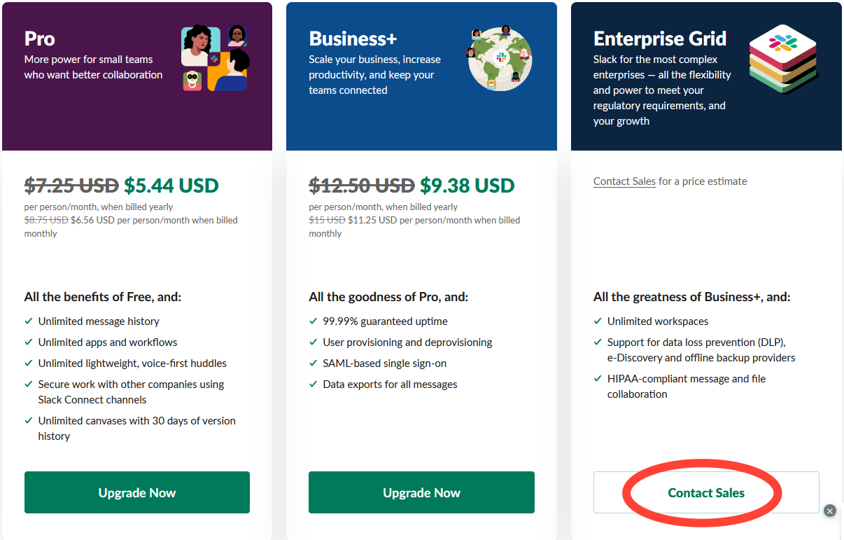 Screenshot of Slack's pricing page. Features Pro at $5.44 USD, Business+ at $9.38 USD and Enterprise has a "Contact Sales" option.