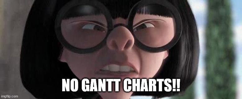 Edna Mode from The Incredibles, from the scene where she yells "NO CAPES!". The caption is "No Gantt Charts!!"